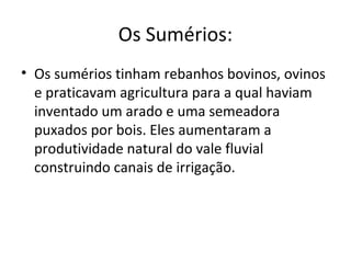 Os Sumérios:
• Os sumérios tinham rebanhos bovinos, ovinos
e praticavam agricultura para a qual haviam
inventado um arado e uma semeadora
puxados por bois. Eles aumentaram a
produtividade natural do vale fluvial
construindo canais de irrigação.

 