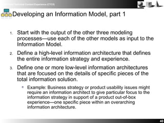 IBM Client Technical Content Experience (CTCX)
40
Developing an Information Model, part 1
1. Start with the output of the ...