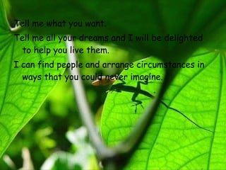 Tell me what you want.  Tell me all your dreams and I will be delighted to   help you live them.  I can find people and arrange circumstances in ways   that you could never imagine.   