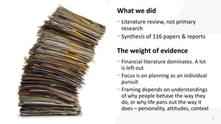 3
- Literature review, not primary
research
- Synthesis of 116 papers & reports
What we did
The weight of evidence
- Finan...