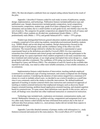2001). We then developed a codebook from our original coding scheme based on the result of
the pilot.
Appendix 1 describes15 features coded for each study in terms of publication, sample,
design, implementation, and technology. Publication features included publication type and
publication year. Sample characteristics included gender composition, racial composition,
socioeconomic composition, student type, grade level (later collapsed into 2 categories of
elementary and secondary due to a small number at each grade level), and whether class was the
unit of analysis. The categories for gender composition are adapted from the work of Lipsey and
Wilson (2001) where students are divided into: predominant female (Males 45%),
predominantly male (Males 55%), and gender balanced (45% < males < 55%) groups.
≤
≥
Student type distinguished between general education students and special needs students
a category comprised of low-achieving students, mental/physical/emotional disability students
(e.g., ADHD, blind), and at-risk (drop-out) students. Design characteristics focused on the
research design of each primary study and the confidence rating of the effect size (ES)
estimation. The research design referred to whether the research is experimental or quasi-
experimental based on the definitions provided by Creswell (2003). In a true experiment,
researchers have both treatment and control groups and randomly assign the participants to the
treatment group. In a quasi-experiment where random assignment is not used, researchers may
have treatment and control groups, or use single-group interrupted time-series design (i.e., single
group before and after a treatment). The confidence of ES rating was based on the categories
developed by Lipsey and Wilson (2001). The calculation of each ES, based on the available data
reported in each study, was rated as either more reliable estimation, or less reliable estimation, or
no estimation.
Implementation features coded duration of intervention, teaching methods employed
(constructivist or traditional), type of testing instrument, and country (collapsed into developing
or developed countries). Considering the duration of intervention ranged from a minimum of 8
classes in a week to multiple school years, we decided to use a term (6 months) as a cutoff time
since it was commonly used in the studies to describe interventions. We defined traditional
approach of teaching as teacher-centered whole-class instruction and constructivist approach of
teaching as student-centered instruction that emphasized strategies such as discovery-based
(inquiry-oriented) learning, problem-based (application-oriented) learning, and situated cognition
based on constructivism. To some extent, these definitions were specific to this review, and as a
result, all findings were classified into either traditional instruction or constructivist instruction.
Technology type included tools, exploratory environment, communication media, and
tutorial. Mathematics domains (e.g., problem-solving, computation) and assignment level were
two other study features coded initially but later eliminated from analysis due to the lack of
sufficient data from primary studies (i.e., most primary studies did not include those aspects in
their research design).
Appendix 2 provides detailed summary of primary studies with information (i.e., study
features) extracted and analyzed in this meta-analysis. The overall effects of CT on both
10
 