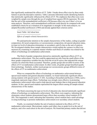 14
that significantly moderated the effects of CT. Table 1 breaks down effect sizes by these study
features to provide descriptive statistics. Table 2 presents inferential results identifying features
that statistically significantly influenced the effects of CT. We emphasize that effect sizes were
weighted by sample sizes through the use of weighted least squares (WLS) regression. We note
that the unit of the unstandardized coefficient is SD because effect size was Cohen’s d in our
meta-analysis. Therefore, each unstandardized coefficient could directly be compared with some
established criteria for an evaluation of its magnitude or strength. In this meta-analysis, we
adopted Rosenthal and Rosnow (1984) and already applied their criterion earlier.
-------------------------------------
Insert Table 1 &2 about here
-------------------------------------
Effects of sample-related characteristics
We paid particular attention to the sample characteristics of the studies, coding (a) gender
composition, (b) racial composition, (c) socioeconomic composition, (d) special education status,
(e) type (or level) of education (elementary or secondary), and (f) class as the unit of analysis.
We investigated whether these sample characteristics would explain the variance in effect size
measures by examining in a separate manner whether each block of variables was related to the
effects of technology on mathematics achievement.
The block of gender composition showed no statistically significant effects of CT on
mathematics achievement. This fact could be appreciated not only from the small effects of the
three gender composition variables but also from the trivial R-square that indicated the unique
variance for which this block accounted. Therefore, gender groups did not differ in terms of the
effects of CT on mathematics achievement. In other words, all gender groups benefited equally
from technology. Similarly, neither racial groups nor socioeconomic groups differed in terms of
the effects of CT on mathematics achievement.
When we compared the effects of technology on mathematics achievement between
special need students and general education students, we found statistically significant effects
among students with special need (1.31 SD). According to Rosenthal and Rosnow (1984), such a
magnitude represents large effects. Technology was strongly more effective in promoting
mathematics achievement when used to help special need students than to help general education
students. In fact, special need students represented the largest effects among all sample-related
characteristics of the studies.
The block concerning the type (or level) of education also showed statistically significant
effects of technology on mathematics achievement. The effects were negative, indicating that
elementary school students demonstrated larger effects than secondary school students (0.22
SD). This magnitude is small, indicating that elementary school students had a small advantage
in using technology to promote mathematics achievement over secondary school students.
Finally, we examined whether the unit of analysis mattered to the effects of CT on
mathematics achievement. Most primary studies used either class or grade level as the unit of
analysis, and a few used school as the unit of analysis. We found that primary studies that did not
 