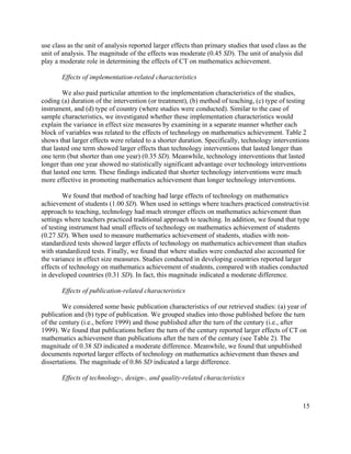 15
use class as the unit of analysis reported larger effects than primary studies that used class as the
unit of analysis. The magnitude of the effects was moderate (0.45 SD). The unit of analysis did
play a moderate role in determining the effects of CT on mathematics achievement.
Effects of implementation-related characteristics
We also paid particular attention to the implementation characteristics of the studies,
coding (a) duration of the intervention (or treatment), (b) method of teaching, (c) type of testing
instrument, and (d) type of country (where studies were conducted). Similar to the case of
sample characteristics, we investigated whether these implementation characteristics would
explain the variance in effect size measures by examining in a separate manner whether each
block of variables was related to the effects of technology on mathematics achievement. Table 2
shows that larger effects were related to a shorter duration. Specifically, technology interventions
that lasted one term showed larger effects than technology interventions that lasted longer than
one term (but shorter than one year) (0.35 SD). Meanwhile, technology interventions that lasted
longer than one year showed no statistically significant advantage over technology interventions
that lasted one term. These findings indicated that shorter technology interventions were much
more effective in promoting mathematics achievement than longer technology interventions.
We found that method of teaching had large effects of technology on mathematics
achievement of students (1.00 SD). When used in settings where teachers practiced constructivist
approach to teaching, technology had much stronger effects on mathematics achievement than
settings where teachers practiced traditional approach to teaching. In addition, we found that type
of testing instrument had small effects of technology on mathematics achievement of students
(0.27 SD). When used to measure mathematics achievement of students, studies with non-
standardized tests showed larger effects of technology on mathematics achievement than studies
with standardized tests. Finally, we found that where studies were conducted also accounted for
the variance in effect size measures. Studies conducted in developing countries reported larger
effects of technology on mathematics achievement of students, compared with studies conducted
in developed countries (0.31 SD). In fact, this magnitude indicated a moderate difference.
Effects of publication-related characteristics
We considered some basic publication characteristics of our retrieved studies: (a) year of
publication and (b) type of publication. We grouped studies into those published before the turn
of the century (i.e., before 1999) and those published after the turn of the century (i.e., after
1999). We found that publications before the turn of the century reported larger effects of CT on
mathematics achievement than publications after the turn of the century (see Table 2). The
magnitude of 0.38 SD indicated a moderate difference. Meanwhile, we found that unpublished
documents reported larger effects of technology on mathematics achievement than theses and
dissertations. The magnitude of 0.86 SD indicated a large difference.
Effects of technology-, design-, and quality-related characteristics
 