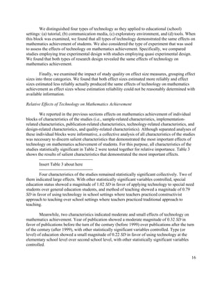 16
We distinguished four types of technology as they applied to educational (school)
settings: (a) tutorial, (b) communication media, (c) exploratory environment, and (d) tools. When
this block was examined, we found that all types of technology demonstrated the same effects on
mathematics achievement of students. We also considered the type of experiment that was used
to assess the effects of technology on mathematics achievement. Specifically, we compared
studies employing true experimental design with studies employing quasi experimental design.
We found that both types of research design revealed the same effects of technology on
mathematics achievement.
Finally, we examined the impact of study quality on effect size measures, grouping effect
sizes into three categories. We found that both effect sizes estimated more reliably and effect
sizes estimated less reliably actually produced the same effects of technology on mathematics
achievement as effect sizes whose estimation reliability could not be reasonably determined with
available information.
Relative Effects of Technology on Mathematics Achievement
We reported in the previous sections effects on mathematics achievement of individual
blocks of characteristics of the studies (i.e., sample-related characteristics, implementation-
related characteristics, publication-related characteristics, technology-related characteristics, and
design-related characteristics, and quality-related characteristics). Although separated analyses of
these individual blocks were informative, a collective analysis of all characteristics of the studies
was necessary to discern salient characteristics that demonstrated the most important effects of
technology on mathematics achievement of students. For this purpose, all characteristics of the
studies statistically significant in Table 2 were tested together for relative importance. Table 3
shows the results of salient characteristics that demonstrated the most important effects.
-------------------------------------
Insert Table 3 about here
-------------------------------------
Four characteristics of the studies remained statistically significant collectively. Two of
them indicated large effects. With other statistically significant variables controlled, special
education status showed a magnitude of 1.02 SD in favor of applying technology to special need
students over general education students, and method of teaching showed a magnitude of 0.79
SD in favor of using technology in school settings where teachers practiced constructivist
approach to teaching over school settings where teachers practiced traditional approach to
teaching.
Meanwhile, two characteristics indicated moderate and small effects of technology on
mathematics achievement. Year of publication showed a moderate magnitude of 0.32 SD in
favor of publications before the turn of the century (before 1999) over publications after the turn
of the century (after 1999), with other statistically significant variables controlled. Type (or
level) of education showed a small magnitude of 0.22 SD in favor of using technology at the
elementary school level over second school level, with other statistically significant variables
controlled.
 