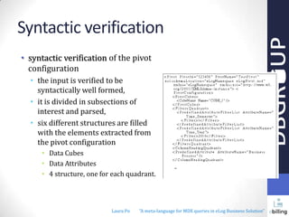 Syntactic verification
• syntactic verification of the pivot
configuration
• the input is verified to be
syntactically well formed,
• it is divided in subsections of
interest and parsed,
• six different structures are filled
with the elements extracted from
the pivot configuration
• Data Cubes
• Data Attributes
• 4 structure, one for each quadrant.

Laura Po

"A meta-language for MDX queries in eLog Business Solution"

 