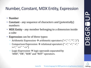 Number, Constant, MDX Entity, Expression
• Number
• Constant - any sequence of characters and (potentially)
numbers
• MDX Entity - any member belonging to a dimension inside
a cube
• Expression can be of three types:
• Arithmetic Expression  arithmetic operators (“+”, “-”, “*”, “/”)
• Comparison Expression  relational operators (“ >”, “ <”, “ =”, “
>=”, “ <=” “ <>”)
• Logic Expression  logic operands separated by “AND”, “OR”,
“XOR” and “NOT” operators.

Laura Po

"A meta-language for MDX queries in eLog Business Solution"

 
