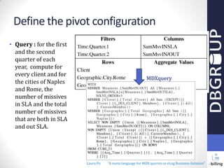 Define the pivot configuration
• Query : for the first
and the second
quarter of each
year, compute for
every client and for
the cities of Naples
and Rome, the
number of missives
in SLA and the total
number of missives
that are both in SLA
and out SLA.

MDXquery

Laura Po

"A meta-language for MDX queries in eLog Business Solution"

 