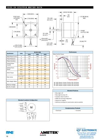 S I Z E 3 4 S T E P P E R MOTO R DATA 
Specification Units 
HN 200 3426 
0140 0280 0430 
Rated Phase Current A 1.40 2.80 4.30 
Phase Resistance Ω 5.0 1.3 0.55 
Phase Inductance mH 21 5.1 2.1 
Holding Torque 
Unipolar 
oz-in 
Ncm 
326 
230 
326 
230 
326 
230 
Holding Torque 
Bipolar 
oz-in 
Ncm 
397 
280 
397 
280 
397 
280 
oz.in 12 12 12 
Detent Torque 
Ncm 8.5 8.5 8.5 
oz-in-s2x10–4 93 93 93 
Rotor Inertia 
g-cm2 660 660 660 
lb 3.5 3.5 3.5 
Motor Weight (Mass) 
kg 1.6 1.6 1.6 
Maximum Voltage V 90 90 90 
Std. No. of Leads — 8 8 8 
Standard Leadwire Configuration 
Motor Pull-Out Torque 
in) 
oz-(Torque A - 
0140, Bipolar chopper, Parallel, 60V, 2A/Phase 
B - 
0280, Bipolar chopper, Parallel, 60V, 4A/Phase 
C - 
0430, Bipolar chopper, Parallel, 60V, 6A/Phase 350 
300 
250 
200 
150 
100 
50 
0 
Performance 
• 
• 
• 
• NEMA 34 mounting configuration 
• 
• 
• 
• • 
247 
212 
177 
141 
106 
71 
35 
0 
100 1000 10000 100000 
Standard Features 
Step angle: 1.8˚ 
Step angle accuracy: 5% 
Insulation class: B (130˚C) 
Neodymium magnets 
Additional windings and customization options available 
Complementary Products 
Gearboxes Encoders 
Torque (Ncm) 
Frequency (steps/s) 
S I Z E 4 T E P M O T O D A T A 
18 
Sold & Serviced By: 
ELECTROMATE 
Toll Free Phone (877) SERVO98 
Toll Free Fax (877) SERV099 
www.electromate.com 
sales@electromate.com 
 