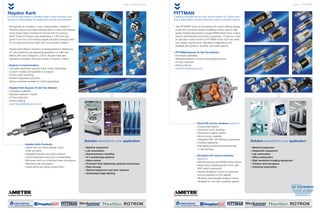Page 6 | Haydon Kerk 
Haydon Kerk 
is a world class leader in precision linear motion solutions and 
experts in customization for application-specific requirements. 
» Recognized as a leader in motor miniaturization, HaydonTM 
Products Division has been building electric motors and stepper 
motor based linear actuators for almost half of a century. 
Kerk® Products Division was established in 1976 and has 
grown to be one of the world´s largest exclusive manufacturers 
of non-ball lead screws, linear rails, and actuator systems. 
Haydon Kerk Motion Solutions is headquartered in Waterbury, 
CT with additional manufacturing operations in Hollis and 
Milford, NH, and Changzhou, China. Haydon Kerk also 
operates a European technical center in Coueron, France. 
» Experts in Customization: 
» Complete application-specific linear motion assemblies 
» Custom-molded anti-backlash nut designs 
» Custom part machining 
» Kerkite® engineered polymers 
» Various materials available for harsh applications 
» Haydon Kerk Express To Get You Started: 
» Immediate availability 
» Standard selection of parts 
» 24 hour shipment 
» Online ordering 
www.HaydonKerkExpress.com 
» Haydon Kerk Products: 
» Hybrid and can-stack stepper motor 
linear actuators 
» Integrated actuator and drive systems 
» Customized lead screw and nut assemblies 
» Motorized and non-motorized linear rail systems 
» Motorized ball rail systems 
» Linear spline and guide components 
Solution expertise for your application 
» Medical equipment 
» Lab automation 
» Semiconductor handling 
» X-Y positioning systems 
» Valve control 
» Precision fluid dispensing systems and pumps 
» Data storage 
» Optical equipment and laser systems 
» Automated stage lighting 
Page 7 | PITTMAN 
PITTMAN 
A leading manufacturer of brush and brushless DC motors span-ning 
a wide variety of frame sizes and custom assembly options. 
» The PITTMAN® brush and brushless DC motor offering ranges 
in size from miniature slotless brushless motors used in high 
speed medical applications to large NEMA frame servo motors 
used in sophisticated automation equipment. If there is a need 
for precision motion there is a PITTMAN motor than can meet 
your design requirements. Standard configurations are 
available with gearbox, encoder, and brake options. 
» PITTMAN Express To Get You Started: 
» Immediate availability 
» Standard selection of parts including gearmotors 
» 24 hour shipment 
» Online ordering 
www.PittmanExpress.com 
» Brush DC motors solutions based on: 
» Unique shaft options 
» Optimized motor windings 
» Permanent magnet options 
» Various brush materials 
» Integrated EMI / RFI filtering components 
» Precision balancing 
» Self-aligning sintered bronze bearings 
or ball bearings 
» Brushless DC motors solutions 
based on: 
» General purpose and NEMA frame motors 
» Heavy duty industrial grade motors with 
IP65 rated construction 
» Slotless brushless motors for extremely 
smooth operation at low speeds 
» Miniature autoclaveable slotless motors 
designed for very high operating speeds 
Solution expertise for your application 
» Medical equipment 
» Diagnostic equipment 
» Lab automation 
» Office automation 
» High resolution imaging equipment 
» Aviation and aerospace 
» Industrial automation 
Sold & Serviced By: 
ELECTROMATE 
Toll Free Phone (877) SERVO98 
Toll Free Fax (877) SERV099 
www.electromate.com 
sales@electromate.com 
 