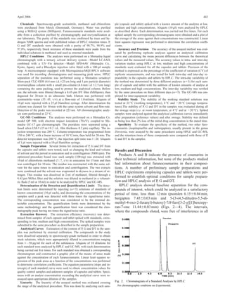 April 2006                                                                                                                                                    443

   Chemicals Spectroscopy-grade acetonitrile, methanol and chloroform             ple (capsule and tablet) spiked with a known amount of the analytes at low,
were purchased from Merck (Darmstadt, Germany). Water was puriﬁed                 medium and high concentrations. Aliquots (10 m l) were analyzed by HPLC
using a Milli-Q system (Millipore). Furanocoumarin standards were avail-          as described above. Each determination was carried out ﬁve times. For each
able from a collection puriﬁed by chromatography and recrystallization at         spiked sample the corresponding chromatograms were obtained and a plot of
our laboratory. The purity of the standards was conﬁrmed by mass and hy-          the average of the areas against their concentrations was constructed. Linear
drogen NMR spectra and with published values of HPLC retention times. P,          least squares regression was performed to determine the correlation coefﬁ-
G and DT standards were obtained with a purity of 98.7%, 98.9% and                cients.
97.8%, respectively Stock mixtures of these standards were made from the             Accuracy and Precision The accuracy of the assayed method was eval-
individual solutions in methanol and used as external standards.                  uated by performing replicate analyses against an analytical calibration
   HPLC Conditions The analyses were performed on a Shimadzu liquid               curve and calculating the mean percent differences between the theoretical
chromatograph with a ternary solvent delivery system—Model LC-6AD,                values and the measured values. The accuracy values in intra- and inter-day
combined with a UV–Vis detector—Model SPD-6AV (Shimadzu Co.,                      variation studies using HPLC at low, medium and high concentrations of
Kyoto, Japan), and a Rheodyne injection valve ﬁtted with a 100-m l sample         standards were evaluated for all the capsules and tablets. Precision of the
loop. A microcomputer equipped with Microquimica-MQI18PCA software                method is expressed as the percentage of the coefﬁcient of variation (CV) of
was used for recording chromatograms and measuring peak areas. HPLC               replicate measurements, and was tested for both intra-day and inter-day re-
separation of the psoralens was performed using a Shimadzu octadecyl              peatability in the capsules and tablets by HPLC. The intra-day variability of
Shim-pack CLC-ODS (4.6 mm i.d. 25 cm long and 5 m m particle diameter)            the method was determined by three different analyses (n 5) for each sam-
reversed-phase column with a small pre-column (4.6 mm i.d. 2.5 cm long)           ple of capsule and tablet with the addition of known amounts of analyte at
containing the same packing, used to protect the analytical column. Before        low, medium and high concentrations. The inter-day variability was veriﬁed
use, the solvents were ﬁltered through a 0.45-m m HV ﬁlter (Millipore), then      by the same procedure on three different days (n 5). The GC-MS was em-
degassed for 20 min in an ultrasonic bath. Elution was performed with             ployed for inter-equipment variability.
acetronitrile–water (55 : 45, v/v) at a ﬂow-rate of 1.0 ml/min. Aliquots of          Stability Study The stability of the working standard solutions was
10 m l were injected with a 25 m l Hamilton syringe. After determination the      tested at 22 °C (working temperature), 4 °C and 20 °C (storage tempera-
column was cleaned for 10 min with the same system solvent and ﬂow-rate.          tures).The stability of P, G and DT in the samples was evaluated during all
Detection of the peaks was recorded at 223 nm. All chromatographic analy-         the storage steps (i.e. at room temperature, at 4 °C and at 20 °C). Spiked
ses were performed at 22 °C.                                                      samples were analyzed against the analytical calibration curves immediately
   GC-MS Conditions The analyses were performed on a Shimadzu Co.                 after preparation (reference values) and after storage. Stability was deﬁned
model QP 500, with electron impact ionization (70 eV), coupled to Shi-            as being less than 2% loss of the initial drug concentration in the stated time.
madzu GC-17 gas chromatograph. The psoralens were separated using a                  Speciﬁcity To evaluate the speciﬁcity of the method, two other furo-
fused silica LM-5 (15 m 0.2 i.d., ﬁlm thickness 0.2 m m) capillary. The in-       coumarins (isopimpinellin and isobergapten), usually present in the genus
jection temperature was 280 °C. Column temperature was programmed from            Dorstenia, were assayed by the same procedures using HPLC and GC-MS,
150 to 240 °C, with a linear increase of 10 °C/min, then held for 20 min. The     and the retention times of these compounds were compared with those of P,
detector temperature was 280 °C, the injection split ratio was 1 : 20. Aliquots   G and DT in the samples.
of 1 m l were injected with a 10-m l Hamilton syringe.
   Sample Preparation Several forms for extraction of P, G and DT from
the capsules and tablets were tested, such as changing the kind and volume        Results and Discussion
of solvent and the period in sonication and in centrifugation (5000 rpm). The
                                                                                     Products A and B indicate the presence of coumarins in
optimized procedure found was: each sample (100 mg) was extracted with
10 ml of chloroform–methanol (3 : 7, v/v) in sonication for 15 min and then       their technical information, but none of the products studied
was centrifuged for 10 min. The residue was reextracted with the same sol-        had information about furanocoumarins in their composi-
vent for the same times in sonication and centrifugation. The two extracts        tions. A number of preliminary sample preparations and
were combined and the solvent was evaporated to dryness in a stream of ni-        HPLC experiments employing capsules and tablets were per-
trogen. This residue was dissolved in 2 ml of methanol, ﬁltered through a
0.45 m m Millex ﬁlter and the solution was diluted in methanol in a volumet-
                                                                                  formed to establish optimal conditions for sample prepara-
ric ﬂask (5 ml or 10 ml) in order to be analyzed by HPLC and GC-MS.               tion and HPLC analysis of P, G and DT.
   Determination of the Detection and Quantiﬁcation Limits The detec-                HPLC analysis showed baseline separation for the com-
tion limits were determined by injecting (n 5) solutions of standards of          pounds of interest, which could be analyzed in a satisfactory
known concentration (10 m l each), and decreasing the concentrations of the       period of time, less than 12 min (psoralen 6.15 0.04 min,
samples until a peak was detected with three times the signal/noise ratio.
The corresponding concentration was considered to be the minimal de-
                                                                                  bergapten 7.45 0.03 min and 5-[3-(4,5-dihydro-5,5-di-
tectable concentration. The quantiﬁcation limits were determined by the           methyl-4-oxo-2-furanyl)-butoxy]-7H-furo[3-2-g][1]benzopy-
same methodology and the quantiﬁcation limit was considered the chro-             ran-7-one 11.44 0.03 min) (Figs. 2—4). The intervals,
matography peak having ten times the signal/noise ratio.                          where the compounds eluted, were free of interference in all
   Extraction Recovery The extraction efﬁciency (recovery) was deter-
mined from samples of each capsule and tablet spiked with standards, corre-
sponding to low, medium and high concentrations. The spiked samples were
submitted to the same procedure as described in the sample preparation.
   Analytical Curves Estimation of the content of P, G and DT in the sam-
ples was performed by external calibration. The compounds in the study
were dissolved separately in spectroscopy-grade methanol in order to obtain
stock solutions, which were appropriately diluted to concentrations ranging
from 1—50 m g/ml for each of the substances. Aliquots of 10 dilutions for
each standard were analyzed by HPLC and GC-MS, with each determination
being carried out ﬁve times. For each standard was obtained a corresponding
chromatogram and constructed a graphic plot of the means of areas made
against the concentration of each furanocoumarin. Linear least squares re-
gression of the peak areas as a function of the concentrations was performed
to determine correlation coefﬁcients. The equation parameters (slope and in-
tercept) of each standard curve were used to obtain concentration values for
quality control samples and unknown samples of capsules and tablets. Speci-
mens with an analyte concentration exceeding the analytical curve were re-
assayed upon appropriate dilution of the samples.
   Linearity The linearity of the assayed method was evaluated crossing           Fig. 2.   Chromatogram of a Standard Analysis by HPLC
the range of the analytical procedure. This was done by analyzing each sam-         For chromatographic conditions see Experimental.
 