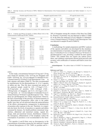 446                                                                                                                                                           Vol. 54, No. 4

Table 5. Inter-day Accuracy and Precision of HPLC Method for Determination of the Furanocoumarins in Capsules and Tablets Samples A—E (n 5,
Each Sample)

                           Psoralen (m g/ml) (mean S.D.)                       Bergapten (m g/ml) (mean S.D.)                       DT (m g/ml) (mean S.D.)
       C added
       (m g/ml)      C found (m g/ml)            Ac            CV         C found (m g/ml)             Ac         CV        C found (m g/ml)        Ac         CV
                      (mean S.D.)               (%)            (%)         (mean S.D.)                (%)         (%)        (mean S.D.)           (%)         (%)

            1            1.05 0.05              5.00           4.76           1.02 0.05              2.00        4.90          1.03 0.05           3.00        3.96
           20           19.78 0.59              1.10           3.01          20.06 0.51              0.30        2.54         20.10 0.42           0.50        4.20
           40           39.50 0.82              1.25           2.08          39.63 0.79              0.93        1.99         39.50 0.87           1.25        2.20

      C, concentration; CV, coefﬁcient of variation; Ac, accuracy; S.D., standard deviations.


Table 6. Contents (m g/100 mg of Capsule or Tablet) (Mean S.D.) of the                          30% in bergapten among the contents of the three lots (Table
Furanocoumarins Employing the HPLC Method                                                       6). Presence of psoralen was not detected in tablet E (Table
                                                                                                6). In the three lots analyzed 5-[3-(4,5-dihydro-5,5-dimethyl-
         Products          Psoralen             Bergapten               DT
                                                                                                4-oxo-2-furanyl)-butoxy]-7H-furo[3-2-g][1]benzopyran-7one
            A1             250 1.4               83    1.3              —                       was detected in samples B and D (Table 6).
            A2             249 1.3               85    0.9              —
            A3             250 1.4               80    1.2              —                       Conclusion
            B1             210 2.2               60    1.7            10 0.3
                                                                                                   A methodology for sample preparation and HPLC analysis
            B2             213 2.2               63    2.1            12 0.3
            B3             210 2.0               67    1.4            14 0.4                    of the capsules and tablets was developed for the simultane-
            C1             172 2.6               75    1.9              —                       ous determination of psoralen, bergapten and 5-[3-(4,5-dihy-
            C2              70 1.1               72    2.5              —                       dro-5,5-dimethyl-4-oxo-2-furanyl)-butoxy]-7H-furo[3-2-
            C3             237 2.4               94    3.3              —                       g][1]benzopyran-7-one, providing a method for their quality
            D1             225 2.2               55    1.7            11 0.2
            D2             232 2.2               56    2.1            13 0.3
                                                                                                control. This method does not require any tedious proce-
            D3             222 2.0               53    1.4            12 0.4                    dures, and validation experiments showed good precision and
            E1                —                       —                 —                       accuracy with coefﬁcients of variation and relative errors less
            E2                —                       —                 —                       than 5%.
            E3                —                       —                 —
                                                                                                  Acknowledgement The authors thank to FUNDECT for ﬁnancial sup-
      S.D., standard deviations; S.D. of ﬁve determinations.                                    port.

                                                                                                References and Notes
cance.                                                                                           1) Lehr G. J., Barry T. L., Franolic J. D., Petzinger G., Scheiner P., J.
   In this study, concentrations between 0.35 mg and 1.25 mg                                         Pharm. Biomed. Anal., 33, 627—637 (2003).
                                                                                                 2) Bettero A., Benassi C. A., J. Chromatogr. A, 280, 167—171 (1983).
were found for psoralen, 0.26—0.47 mg for bergapten and                                          3) Järvenpää E. P., Jestoi M. N., Huopalahti R., Phytochem. Anal., 8,
0.050—0.070 mg for 5-[3-(4,5-dihydro-5,5-dimethyl-4-oxo-                                             250—256 (1997).
2-furanyl)-butoxy]-7H-furo[3-2-g][1]benzopyran-7-one         in                                  4) Zanini A. C., Basile A. C., Follador W., Oga S., “Guia de Medicamen-
both capsules and tablets (Table 6). The dose recommended                                            tos,” Iepx, São Roque, 1997, pp. 905—906.
by manufacturers for the phytomedicines A—E is 3 capsules                                        5) Makki S., Muret P., Said A. M., Bassignot P., Humbert P., Agache P.,
                                                                                                     Millet J., Int. J. Pharm., 133, 245—252 (1996).
or tablets per day. Thus the dose consumed per person of                                         6) Cardoso C. A. L., Vilegas W., Honda N. K., J. Pharm. Biomed. Anal.,
the analyzed sample would be 1.05—3.75 mg/d (7.35—                                                   22, 203—214 (2000).
26.25 mg/week) of psoralen, 0.80—1.40 mg/d (5.60—                                                7) Steiner D., Cosmetics & Toiletries, 10, 33 (1998).
9.80 mg/week) of bergapten and 0.15—0.21 mg/d (1.05—                                             8) Chimichi S., Boccalini M., Cosimelli B., Viola G., Vedaldi D.,
1.47 mg/week) of 5-[3-(4,5-dihydro-5,5-dimethyl-4-oxo-2-                                             Dall’Acqua F., Tetrahedron, 58, 4859—4863 (2002).
                                                                                                 9) Nigg H. N., Strandberg J. O., Beier R. C., Petersen H. D., Harrison J.
furanyl)-butoxy]-7H-furo[3-2-g][1]benzopyran-7-one. These                                            M., J. Agric. Food Chem., 45, 1430—1436 (1997).
doses are sub-therapeutic for vitiligo and psoriasis. However,                                  10) Kreimer-Erlacher H., Seidl H., Bäck B., Cerroni L., Kerl H., Wolf P., J.
the lack of knowledge of the presence of furanocoumarins in                                          Invest. Dermatol., 120, 676—682 (2003).
the phytochemical preparations offers risks to the public                                       11) Chouchi D., Barth D., J. Chromatogr. A, 672, 177—183 (1994).
                                                                                                12) Vilegas J. H. Y., Lanças F. M., Vilegas W., Pozetti G. L., J. Braz.
health, since they are not adversed about the potencialization
                                                                                                     Chem. Soc., 8, 529—535 (1997).
of the effects carcinogenicity, mutagenicity or phototoxicity                                   13) Franke K., Porzel A., Masaoud M., Adam G., Schimidt J., Phytochem-
of psoralens after exposure to the sun. Therefore, it is impor-                                      istry, 56, 611—621 (2001).
tant also know the levels of psoralens in capsules and tablets                                  14) Dercks W., Trumble J. T., Winter C., J. Chem. Ecol., 16, 443—449
consumed by humans. For health problems (menstrual irreg-                                            (1990).
                                                                                                15) Cardoso C. A. L., Vilegas W., Barison A., Honda N. K., J. Agric. Food
ularities, abdominal and menstrual cramps, vaginal dis-
                                                                                                     Chem., 50, 1465—1469 (2002).
charge, daily pre-menstrual tension, disturbances related to                                    16) Bonaccorsi I., Dugo G., McNair H. M., Dugo P., Ital. J. Food Sci., 12,
the menopause, inﬂammations of the lymphatic nodes) the                                              485—487 (2000).
consumption of psoralens is not recommended in the litera-                                      17) Dugo P., Mondello L., Dugo L., Stancanelli R., Dugo G., J. Pharm.
ture.                                                                                                Biomed. Anal., 24, 147—154 (2000).
                                                                                                18) Ekiert H., Gomolka E., Pharmazie, 55, 684—687 (2000).
   For capsules A and B there were no discrepancies in the                                      19) Ekiert H., Gomolka E., Pharmazie, 55, 618—620 (2000).
concentrations of psoralens among the lots analyzed. Capsule                                    20) Verzera A., Dugo P., Mondello L., Trozzi A., Cotroneo A., Ital. J. Food
C showed discrepancies of 150—240% in psoralen and 4—                                                Sci., 11, 361—366 (1999).
 