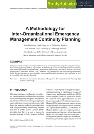 A Methodology For Inter-Organizational Emergency Management 