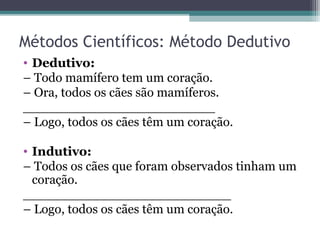 Métodos Científicos: Método Dedutivo
• Dedutivo:
– Todo mamífero tem um coração.
– Ora, todos os cães são mamíferos.
________________________
– Logo, todos os cães têm um coração.
• Indutivo:
– Todos os cães que foram observados tinham um
coração.
__________________________
– Logo, todos os cães têm um coração.
 