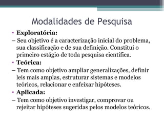 Modalidades de Pesquisa
• Exploratória:
– Seu objetivo é a caracterização inicial do problema,
sua classificação e de sua definição. Constitui o
primeiro estágio de toda pesquisa científica.
• Teórica:
– Tem como objetivo ampliar generalizações, definir
leis mais amplas, estruturar sistemas e modelos
teóricos, relacionar e enfeixar hipóteses.
• Aplicada:
– Tem como objetivo investigar, comprovar ou
rejeitar hipóteses sugeridas pelos modelos teóricos.
 