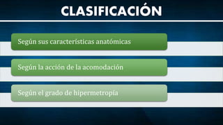 Según sus características anatómicas
Según la acción de la acomodación
Según el grado de hipermetropía
CLASIFICACIÓN
 