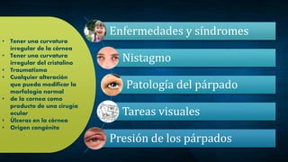 Enfermedades y síndromes
Nistagmo
Patología del párpado
Tareas visuales
Presión de los párpados
• Tener una curvatura
irregular de la córnea
• Tener una curvatura
irregular del cristalino
• Traumatismo
• Cualquier alteración
que pueda modificar la
morfología normal
• de la cornea como
producto de una cirugía
ocular
• Úlceras en la córnea
• Origen congénito
 