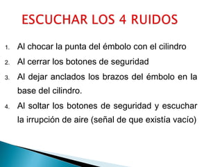 1.

Al chocar la punta del émbolo con el cilindro

2.

Al cerrar los botones de seguridad

3.

Al dejar anclados los brazos del émbolo en la
base del cilindro.

4.

Al soltar los botones de seguridad y escuchar
la irrupción de aire (señal de que existía vacío)

 
