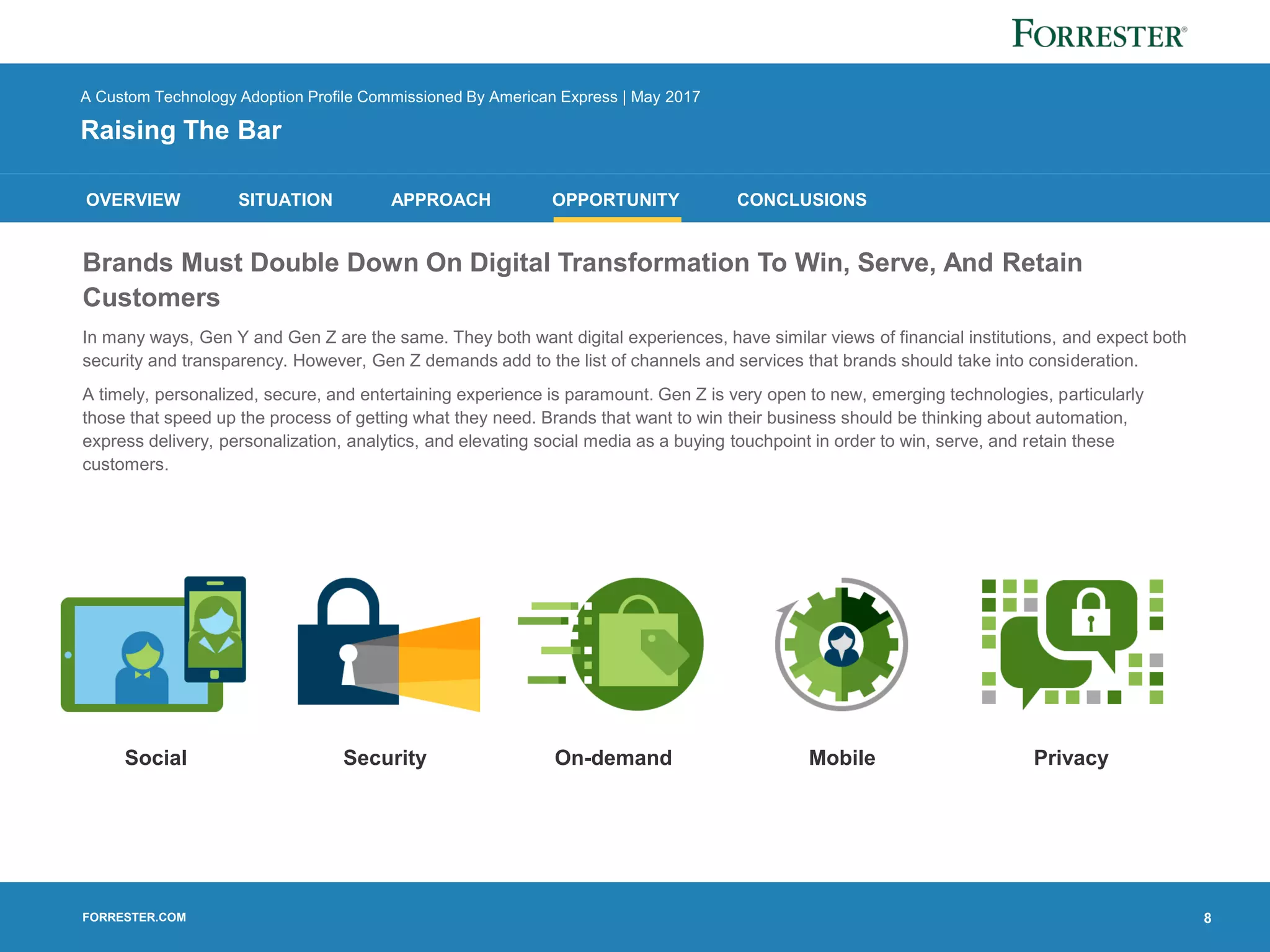 FORRESTER.COM
OVERVIEW SITUATION APPROACH OPPORTUNITY CONCLUSIONS
A Custom Technology Adoption Profile Commissioned By American Express | May 2017
Raising The Bar
Brands Must Double Down On Digital Transformation To Win, Serve, And Retain
Customers
In many ways, Gen Y and Gen Z are the same. They both want digital experiences, have similar views of financial institutions, and expect both
security and transparency. However, Gen Z demands add to the list of channels and services that brands should take into consideration.
A timely, personalized, secure, and entertaining experience is paramount. Gen Z is very open to new, emerging technologies, particularly
those that speed up the process of getting what they need. Brands that want to win their business should be thinking about automation,
express delivery, personalization, analytics, and elevating social media as a buying touchpoint in order to win, serve, and retain these
customers.
Social Security MobileOn-demand Privacy
8
 