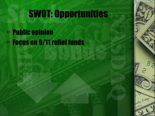 SWOT: Opportunities  Public opinion  Focus on 9/11 relief funds  