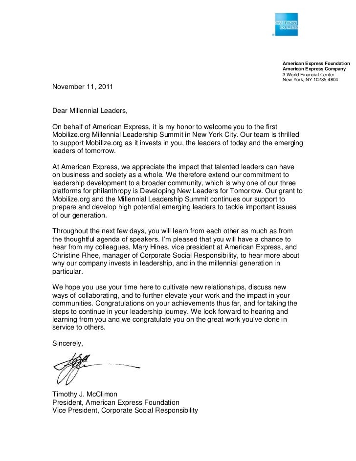 special letter from timothy mcclimon president of american american express cover letter