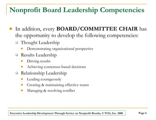 Nonprofit Board Leadership Competencies In addition, every  BOARD/COMMITTEE CHAIR  has the opportunity to develop the following competencies: Thought Leadership Demonstrating organizational perspective Results Leadership Driving results Achieving consensus-based decisions Relationship Leadership Leading courageously Creating & maintaining effective teams Managing & resolving conflict 