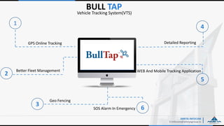 Better Fleet Management
AMEYA INFOCOM
E:Infocom@ameyagroup.in
BULL TAP
GPS Online Tracking
1
Geo Fencing
2
SOS Alarm In Emergency
3
Detailed Reporting
4
WEB And Mobile Tracking Application
5
6
Vehicle Tracking System(VTS)
 