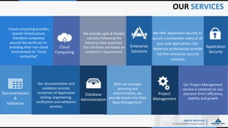 OUR SERVICES
AMEYA INFOCOM
E:Infocom@ameyagroup.in
Cloud computing provides
shared infrastructure;
therefore companies
around the world are re-
branding their non-cloud
environment to “cloud
computing”
We provide agile & flexible
solutions following the
Industry’s best practices.
Our solutions are based on
customer’s requirement.
We offer Application security to
assure a standardize safety of all
your web applications. Our
dexterous professionals provide
risk-free enterprise security
solutions
Our documentation and
validation process
comprises of Application
testing, engineering,
verification and validation
services.
With our strategic
planning and
administration, we
provide hassle-free Data
Base Management.
Our Project Management
service is centered on you
and your firm's efficiency,
stability and growth
Cloud
Computing
Enterprise
Solutions
Documentation
&
Validation
Database
Administration
Project
Management
Application
Security
 