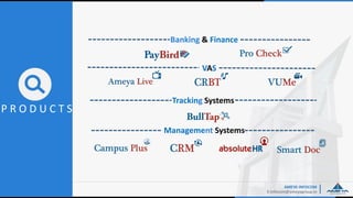 AMEYA INFOCOM
E:Infocom@ameyagroup.in
P R O D U C T S
Banking & Finance
VAS
Tracking Systems
Management Systems
 
