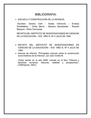 BIBLIOGRAFIA:
ESCUELA Y CONSTRUCCIÓN DE LA INFANCIA:
Escriben: Sandra Carli - Estela Citrinovitz - Ernesto
Schiefelbein - Ovide Menin - Mariano Narodowski - Ricardo
Baquero - Silvia Yannoulas.
REVISTA DEL INSTITUTO DE INVESTIGACIONES EN CIENCIAS
DE LA EDUCACION – IICE AÑO III, Nº 4 JULIO DE 1994.

REVISTA DEL INSTITUTO DE INVESTIGACIONES EN
CIENCIAS DE LA EDUCACION – IICE AÑO III, Nº 4 JULIO DE
1994.
lecturas de infancia: "Principales visiones sobre la construcción
socio-histórica de la infancia", por Julio Cortés M.
(Texto escrito en el año 2000, incluido en el libro "Infancia y
derechos humanos: discurso, realidad y perspectivas",
LOM/Opción, 2001).

 