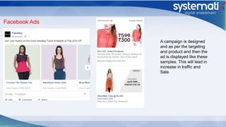 Facebook Ads
A campaign is designed
and as per the targeting
and product and then the
ad is displayed like these
samples. This will lead in
increase in traffic and
Sale.
 