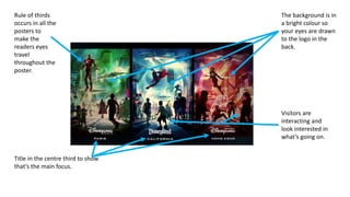 The background is in
a bright colour so
your eyes are drawn
to the logo in the
back.
Visitors are
interacting and
look interested in
what’s going on.
Rule of thirds
occurs in all the
posters to
make the
readers eyes
travel
throughout the
poster.
Title in the centre third to show
that’s the main focus.
 