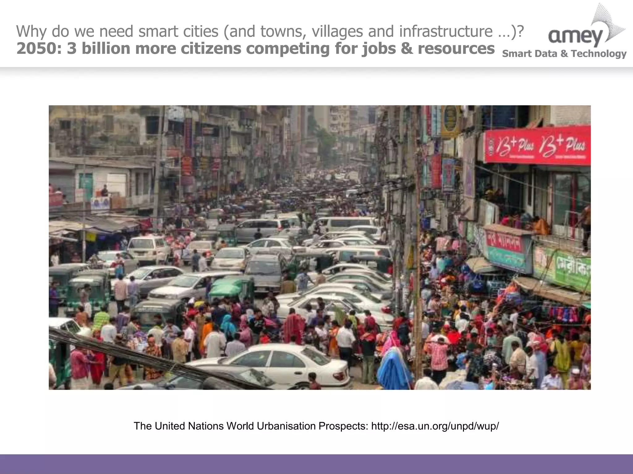 Smart Data & Technology
Why do we need smart cities (and towns, villages and infrastructure …)?
2050: 3 billion more citizens competing for jobs & resources
The United Nations World Urbanisation Prospects: http://esa.un.org/unpd/wup/
 