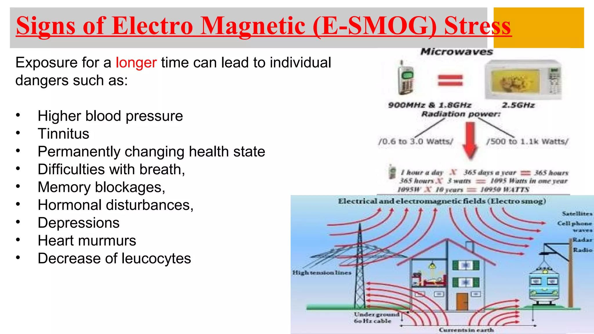 Exposure for a longer time can lead to individual
dangers such as:
• Higher blood pressure
• Tinnitus
• Permanently changing health state
• Difficulties with breath,
• Memory blockages,
• Hormonal disturbances,
• Depressions
• Heart murmurs
• Decrease of leucocytes
Signs of Electro Magnetic (E-SMOG) Stress
 