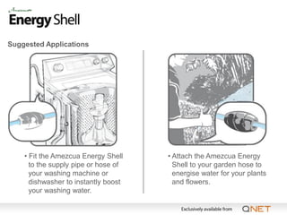 Suggested Applications




    • Fit the Amezcua Energy Shell    • Attach the Amezcua Energy
      to the supply pipe or hose of     Shell to your garden hose to
      your washing machine or           energise water for your plants
      dishwasher to instantly boost     and flowers.
      your washing water.
 