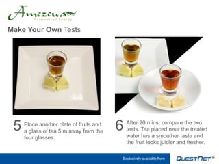 Make Your Own Tests




 5   Place another plate of fruits and
     a glass of tea 5 m away from the    6   After 20 mins, compare the two
                                             tests. Tea placed near the treated
     four glasses                            water has a smoother taste and
                                             the fruit looks juicier and fresher.

                                         Exclusively available from
 