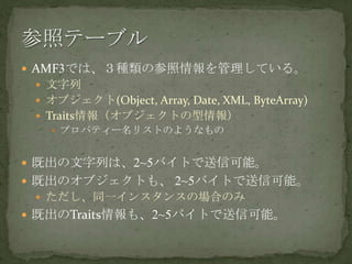 AMF3では、３種類の参照情報を管理している。文字列オブジェクト(Object, Array, Date, XML, ByteArray)Traits情報（オブジェクトの型情報）プロパティー名リストのようなもの既出の文字列は、2~5バイトで送信可能。既出のオブジェクトも、 2~5バイトで送信可能。ただし、同一インスタンスの場合のみ既出のTraits情報も、2~5バイトで送信可能。参照テーブル