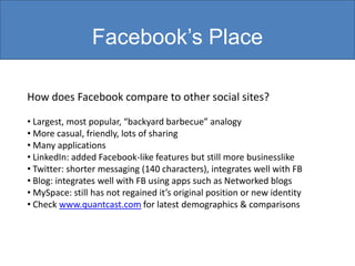 Facebook’s Place

How does Facebook compare to other social sites?

• Largest, most popular, “backyard barbecue” analogy
• More casual, friendly, lots of sharing
• Many applications
• LinkedIn: added Facebook-like features but still more businesslike
• Twitter: shorter messaging (140 characters), integrates well with FB
• Blog: integrates well with FB using apps such as Networked blogs
• MySpace: still has not regained it’s original position or new identity
• Check www.quantcast.com for latest demographics & comparisons
 