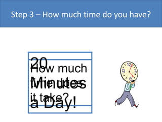 Step 3 – How much time do you have?




    20 much
    How
    Minutes
    time does
    it take?
    a Day!
 
