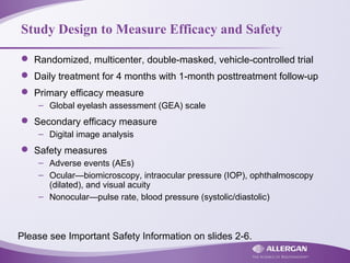 Study Design to Measure Efficacy and Safety
 Randomized, multicenter, double-masked, vehicle-controlled trial
 Daily treatment for 4 months with 1-month posttreatment follow-up
 Primary efficacy measure
– Global eyelash assessment (GEA) scale
 Secondary efficacy measure
– Digital image analysis
 Safety measures
– Adverse events (AEs)
– Ocular—biomicroscopy, intraocular pressure (IOP), ophthalmoscopy
(dilated), and visual acuity
– Nonocular—pulse rate, blood pressure (systolic/diastolic)
Please see Important Safety Information on slides 2-6.
 