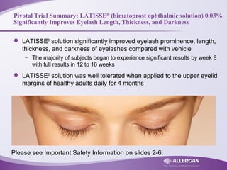 Pivotal Trial Summary: LATISSE®
(bimatoprost ophthalmic solution) 0.03%
Significantly Improves Eyelash Length, Thickness, and Darkness
 LATISSE®
solution significantly improved eyelash prominence, length,
thickness, and darkness of eyelashes compared with vehicle
– The majority of subjects began to experience significant results by week 8
with full results in 12 to 16 weeks
 LATISSE®
solution was well tolerated when applied to the upper eyelid
margins of healthy adults daily for 4 months
Please see Important Safety Information on slides 2-6.
 