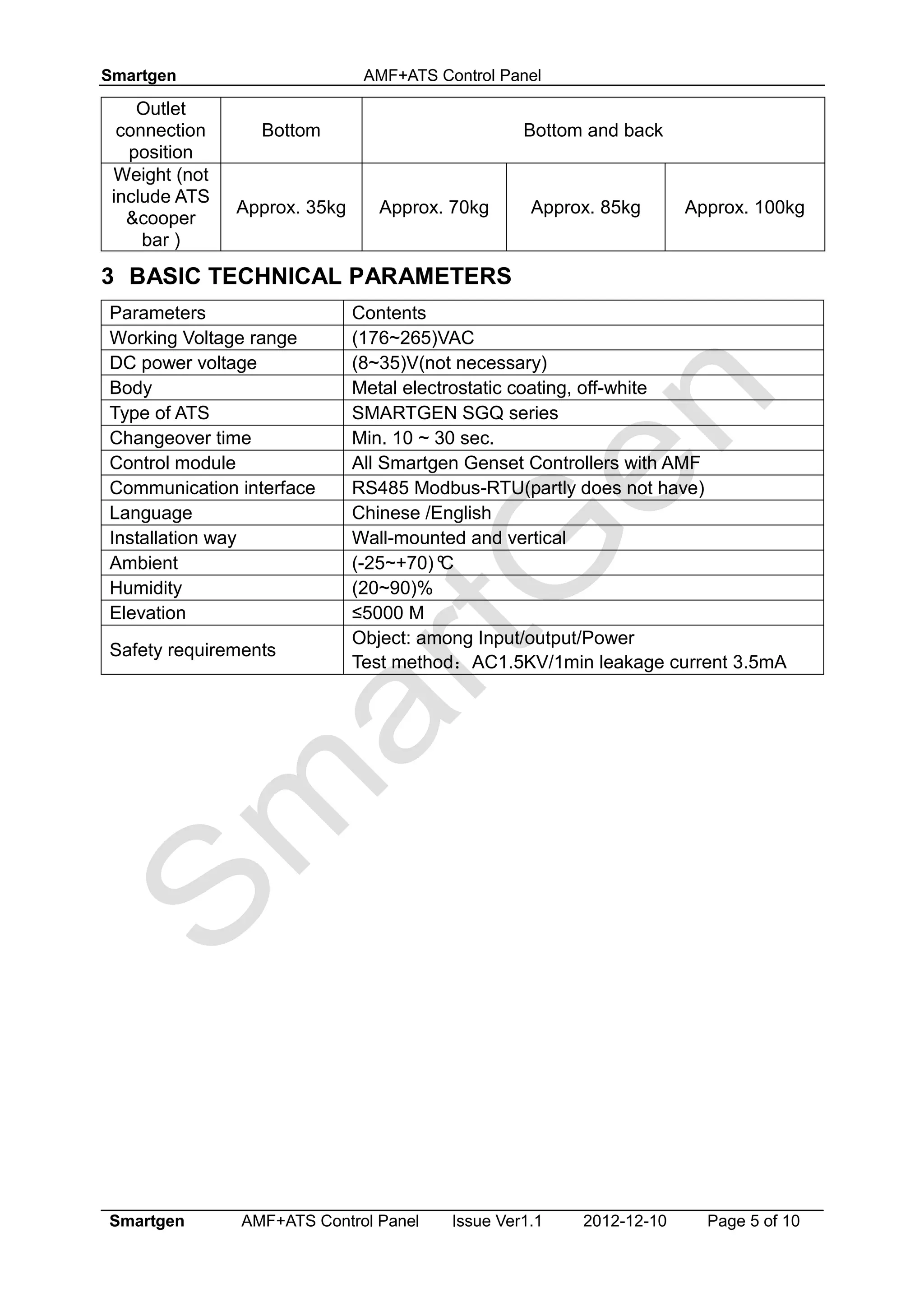 Smartgen AMF+ATS Control Panel
Smartgen AMF+ATS Control Panel Issue Ver1.1 2012-12-10 Page 5 of 10
Outlet
connection
position
Bottom Bottom and back
Weight (not
include ATS
&cooper
bar )
Approx. 35kg Approx. 70kg Approx. 85kg Approx. 100kg
3 BASIC TECHNICAL PARAMETERS
Parameters Contents
Working Voltage range (176~265)VAC
DC power voltage (8~35)V(not necessary)
Body Metal electrostatic coating, off-white
Type of ATS SMARTGEN SGQ series
Changeover time Min. 10 ~ 30 sec.
Control module All Smartgen Genset Controllers with AMF
Communication interface RS485 Modbus-RTU(partly does not have)
Language Chinese /English
Installation way Wall-mounted and vertical
Ambient (-25~+70)ºC
Humidity (20~90)%
Elevation ≤5000 M
Safety requirements
Object: among Input/output/Power
Test method：AC1.5KV/1min leakage current 3.5mA
 