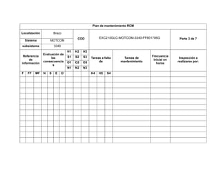Plan de mantenimiento RCM
Localización Brazo
COD EXC210GLC-MOTCOM-3340-FF801706G Parte 3 de 7
Sistema MOTCOM
subsistema 3340
Referencia
de
información
Evaluación de
las
consecuencia
s
H1 H2 H3
Tareas a falta
de
Tareas de
mantenimiento
Frecuencia
inicial en
horas
Inspección a
realizarse por:
S1 S2 S3
O1 O2 O3
N1 N2 N3
F FF MF N S E O H4 H5 S4
 