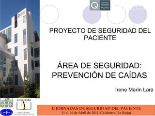 PROYECTO DE SEGURIDAD DEL PACIENTE ÁREA DE SEGURIDAD: PREVENCIÓN DE CAÍDAS Irene Marín Lara II JORNADAS DE SEGURIDAD DEL PACIENTE 11 al 14 de Abril de 2011, Calahorra( La Rioja) 
