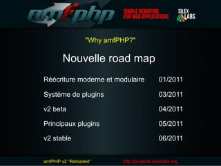&quot;Why amfPHP?&quot; Nouvelle road map  Réécriture moderne et modulaire 01/2011 Système de plugins 03/2011 v2 beta 04/2...