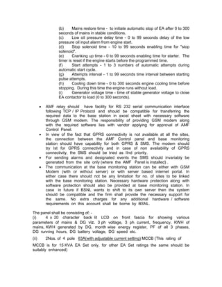 (b)     Mains restore time - to initiate automatic stop of EA after 0 to 300
                  seconds of mains in stable conditions.
                  (c)     Low oil pressure delay time - 0 to 99 seconds delay of the low
                  pressure oil input alarm from engine start.
                  (d)     Stop solenoid time - 10 to 99 seconds enabling time for "stop
                  solenoid".
                  (e)     Cranking up time - 0 to 99 seconds enabling time for starter. The
                  timer is reset if the engine starts before the programmed time.
                  (f)     Start attempts - 1 to 3 numbers of automatic attempts during
                  automatic start cycle.
                  (g)     Attempts interval - 1 to 99 seconds time interval between starting
                  pulse attempts.
                  (h)     Cooling down time - 0 to 300 seconds engine cooling time before
                  stopping. During this time the engine runs without load.
                  (i)     Generator voltage time - time of stable generator voltage to close
                  EA contactor to load (0 to 300 seconds).

       •   AMF relay should have facility for RS 232 serial communication interface
           following TCP / IP Protocol and should be compatible for transferring the
           required data to the base station in excel sheet with necessary software
           through GSM modem. The responsibility of providing GSM modem along
           with the required software lies with vendor applying for approval of AMF
           Control Panel.
       •   In view of the fact that GPRS connectivity is not available at all the sites,
           the connection between the AMF Control panel and base monitoring
           station should have capability for both GPRS & SMS. The modem should
           try Ist for GPRS connectivity and in case of non availability of GPRS
           connectivity, the SMS should be tried as IInd priority.
       •   For sending alarms and designated events the SMS should invariably be
           generated from the site only (where the AMF Panel is installed) .
       •   The communication at the base monitoring station can be either with GSM
           Modem (with or without server) or with server based internet portal. In
           either case there should not be any limitation for no. of sites to be linked
           with the base monitoring station. Necessary hardware protection along with
           software protection should also be provided at base monitoring station. In
           case in future if BSNL wants to shift to its own server then the system
           should be compatible and the firm shall provide the necessary support for
           the same. No extra charges for any additional hardware / software
           requirements on this account shall be borne by BSNL.

The panel shall be consisting of: -
(i)    4 x 20 character back lit LCD on front fascia for showing various
parameters of mains & DG viz. 3 ph voltage, 3 ph current, frequency, KWH of
mains, KWH generated by DG, month wise energy register, PF of all 3 phases,
DG running hours, DG battery voltage, DG speed etc.
(ii)       2Nos. of 4 pole 63A(with adjustable current setting) MCCB (This rating of
MCCB is for 15 KVA EA Set only, for other EA Set ratings the same should be
suitably enhanced)
 