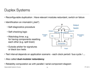 • Reconﬁgurable duplication : Have relevant modules redundant, switch on failure

• Identiﬁcation on mismatch („test“)

• Self-diagnostics procedure

• Self-checking logic

• Watchdog timer, e.g. 
for having components resetting 
each other (e.g. split brain)

• Outside arbiter for signatures 
or black box tests

• Test interval depends on application scenario - each clock period / bus cycle / ...

• Also called dual-modular redundancy
• Reliability computation as with parallel / serial component diagram
Dependable Systems Course PT 2014
Duplex Systems
13
 