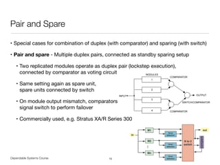 • Special cases for combination of duplex (with comparator) and sparing (with switch)

• Pair and spare - Multiple duplex pairs, connected as standby sparing setup 

• Two replicated modules operate as duplex pair (lockstep execution),  
connected by comparator as voting circuit

• Same setting again as spare unit,  
spare units connected by switch

• On module output mismatch, comparators  
signal switch to perform failover

• Commercially used, e.g. Stratus XA/R Series 300
Dependable Systems Course PT 2014
Pair and Spare
15
MODULES
1
2
3
OUTPUTINPUT
COMPARATOR
4 COMPARATOR
SWITCH/COMPARATOR
 
