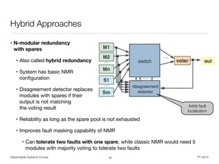 Dependable Systems Course PT 2014
Hybrid Approaches
• N-modular redundancy  
with spares
• Also called hybrid redundancy

• System has basic NMR  
conﬁguration

• Disagreement detector replaces 
modules with spares if their  
output is not matching 
the voting result

• Reliability as long as the spare pool is not exhausted

• Improves fault masking capability of NMR

• Can tolerate two faults with one spare, while classic NMR would need 5
modules with majority voting to tolerate two faults
19
Adds fault
localization
 