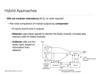 Dependable Systems Course PT 2014
Hybrid Approaches
23
• Sift-out modular redundancy (N-2), no voter required

• Pair-wise comparison of module outputs by comparator

• N inputs and N-over-2 outputs

• Detector uses these signals to identify the faulty module, includes also
memory cells for failed modules

• Collector sifts out the  
faulty input, based on 
information from 
detector
 