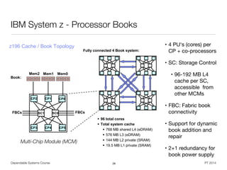 Dependable Systems Course PT 2014
IBM System z - Processor Books
28
© 2011 IBM Corporation52
IBM zEnterprise
z196 Cache / Book Topology
Fully connected 4 Book system:
 96 total cores
 Total system cache
 768 MB shared L4 (eDRAM)
 576 MB L3 (eDRAM)
 144 MB L2 private (SRAM)
 19.5 MB L1 private (SRAM)
CP1CP1CP2CP2
CP4CP4 CP5CP5CP3CP3
SC0SC1
Mem1 Mem0
FBCs
Mem2
CP0CP0
Book:
FBCs
• 4 PU‘s (cores) per
CP + co-processors

• SC: Storage Control

• 96-192 MB L4
cache per SC,
accessible from
other MCMs

• FBC: Fabric book
connectivity

• Support for dynamic
book addition and
repair

• 2+1 redundancy for
book power supply
Multi-Chip Module (MCM)
 
